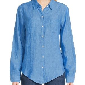 Lilly Pulitzer woven linen point long sleeve button-down shirt. Blue. XXS.